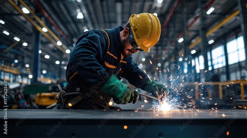 A construction worker welding steel beams with bright sparks flying in a dark industrial setting A construction worker welding steel beams with bright sparks flying in a dark industrial setting