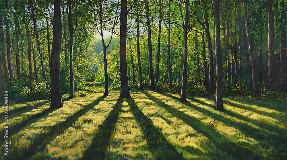 Fototapeta premium 10. Early morning sunlight casting long shadows through a green forest