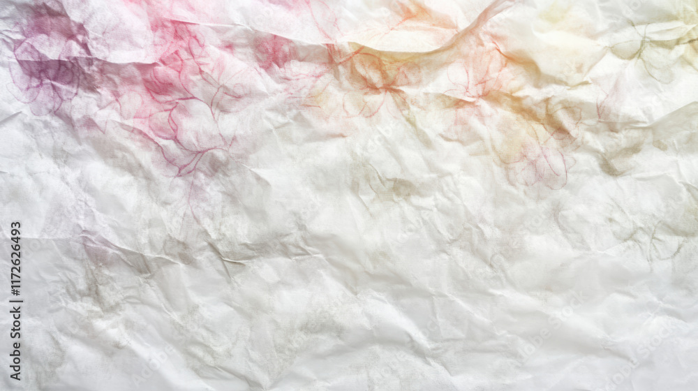 Obraz premium Crumpled tissue paper with soft watercolor floral patterns in pastel colors creates delicate and artistic background. Ideal for various design projects