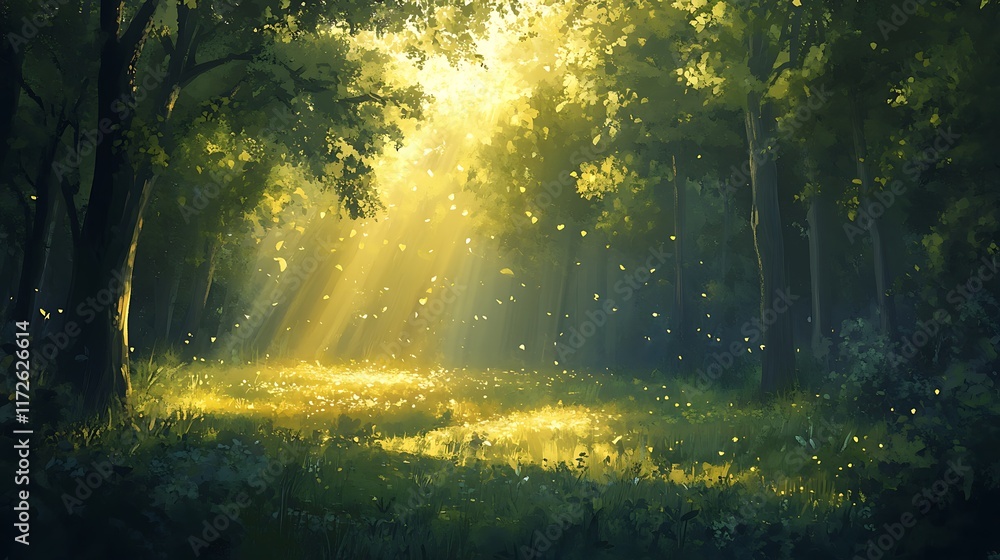 7. Tranquil forest clearing bathed in golden sunlight amidst tall green trees 7. Tranquil forest clearing bathed in golden sunlight amidst tall green trees