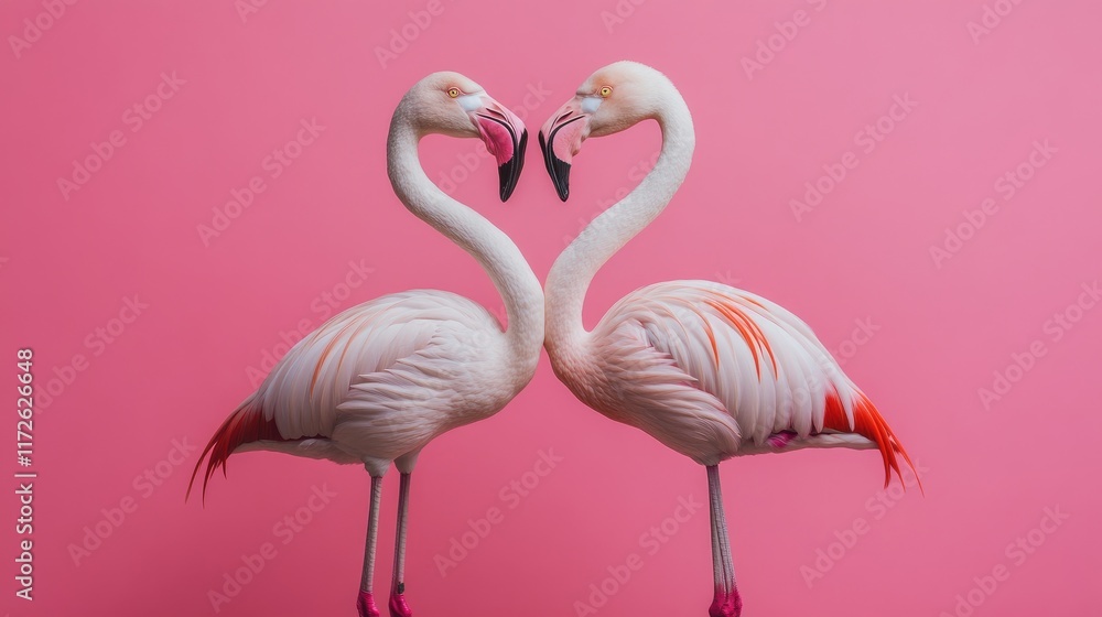 Fototapeta premium Pair of flamingos standing in a heart shape, set against a vibrant pink background.