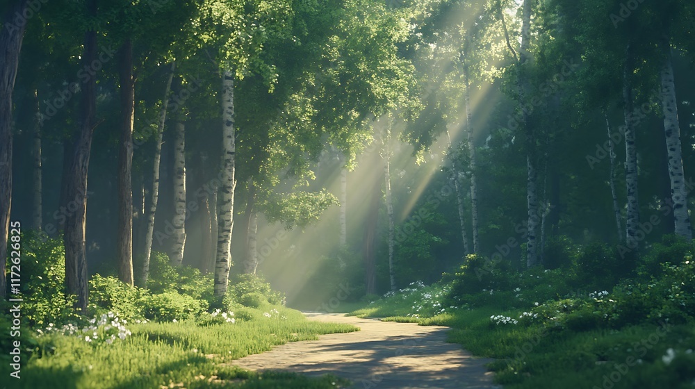 Obraz premium 4. A quiet path surrounded by towering green trees and warm sunlight filtering through