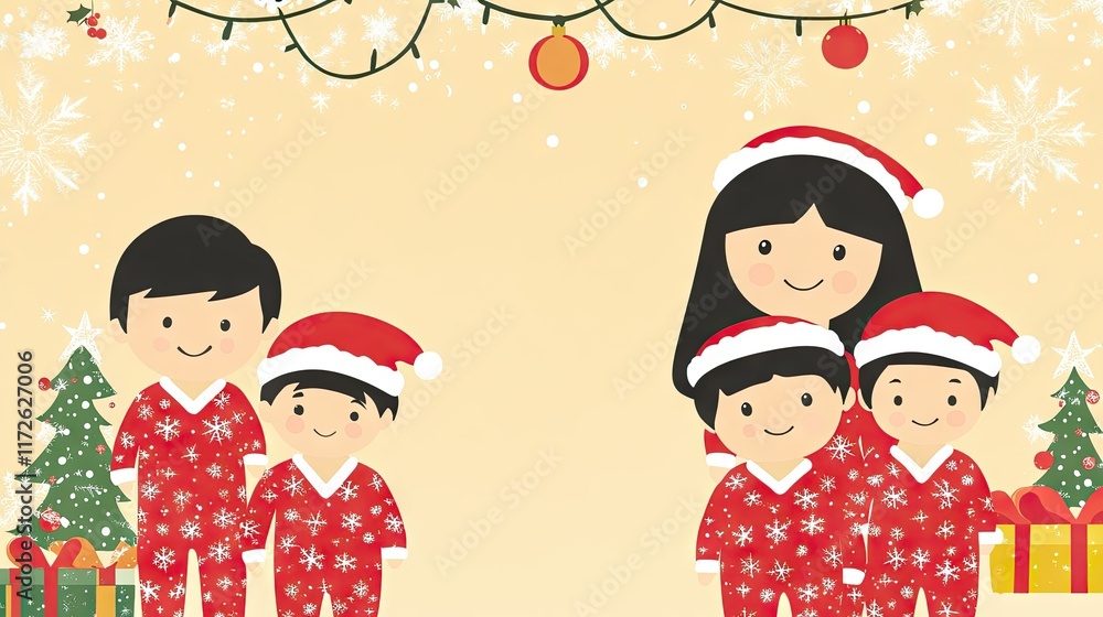 A festive illustration of a family in Christmas attire surrounded by decorations and gifts. A festive illustration of a family in Christmas attire surrounded by decorations and gifts.
