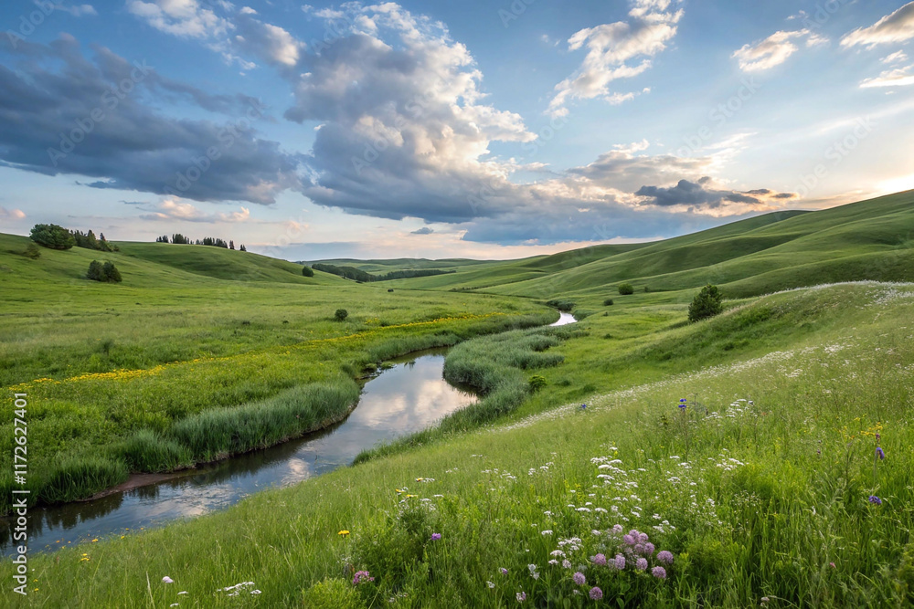 Fototapeta premium Serene river meandering through lush green valley under a vibrant sky.