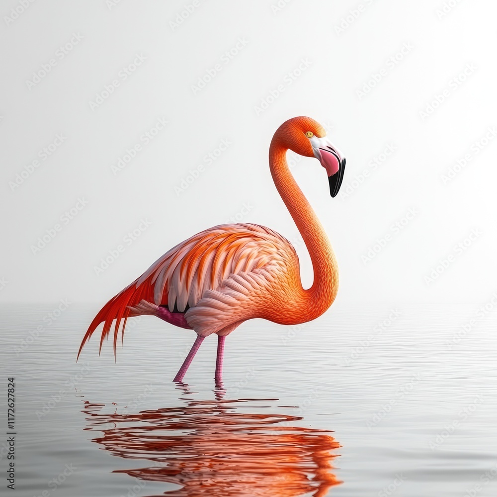 Fototapeta premium A vibrant flamingo wading in calm water, showcasing its colorful plumage and reflection.
