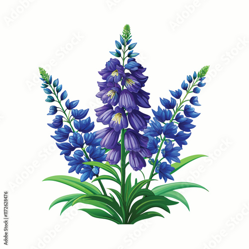 Delphinium flowers with leaves colorful vector on white background. 