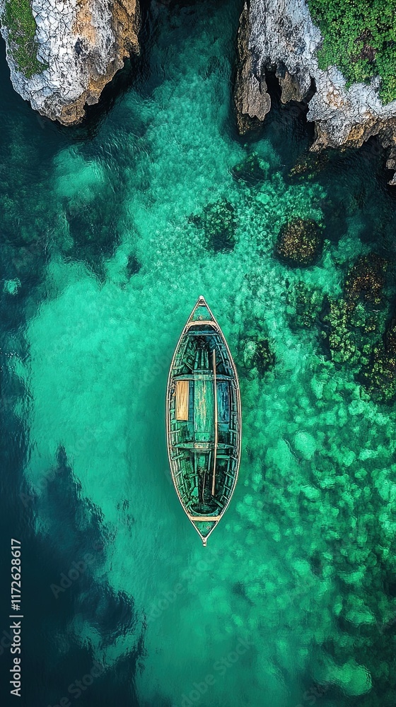 Aerial view of a boat floating over clear turquoise waters and coral reefs.