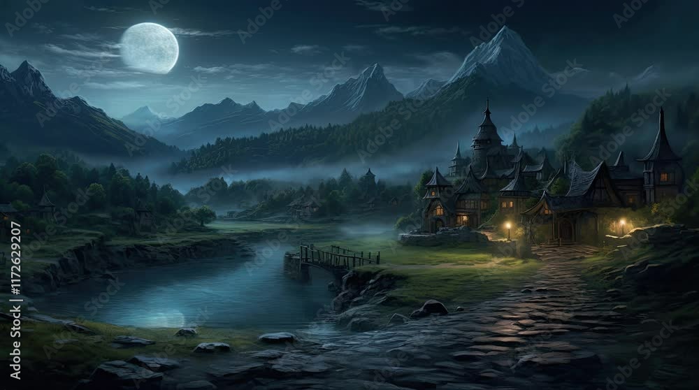 A view of a small village, mountains, a pond, and the moon at night. 4k animated video