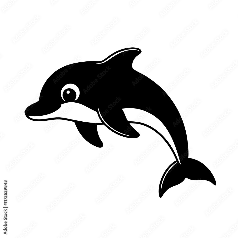 Fototapeta premium Cute cartoon dolphin jumping silhouette vector isolated on white background