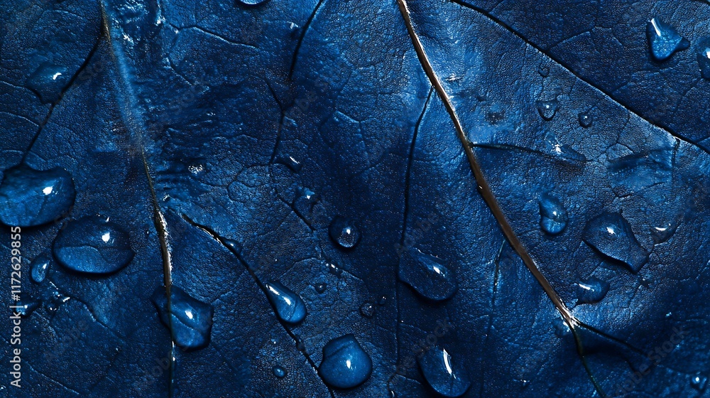 Fototapeta premium 10. Macro shot of water droplets on a single leaf highlighting texture and detail