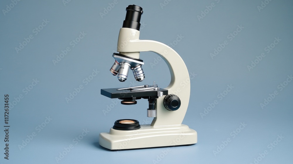 Side view of a metallic microscope placed on a cool blue gradient background, minimalist and professional. Side view of a metallic microscope placed on a cool blue gradient background, minimalist and professional.