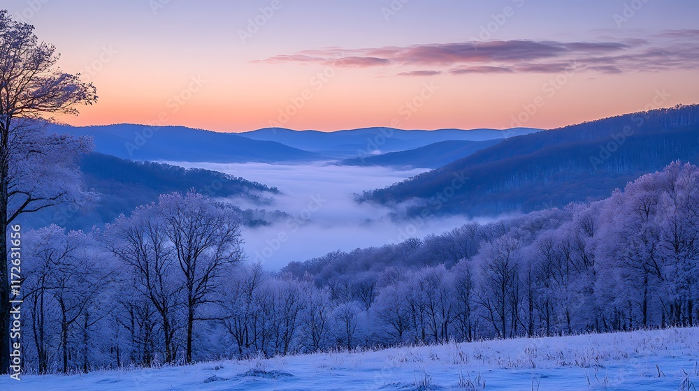 Fototapeta premium 12. Scenic view of mountains and valleys draped in a soft mist during early morning hours