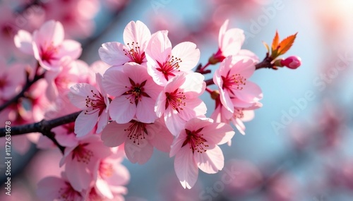 Branches of Prunus avium Plena covered with delicate pink blossoms, blooming, prunus