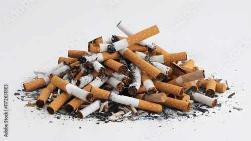 Large pile of used cigarette butts with visible filters and ash, emphasizing the accumulation of cigarette waste and environmental pollution, isolated on white background.