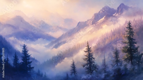 11. Peaceful mountain scene with mist clinging to the slopes and trees glowing in sunlight photo