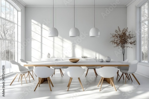 Bright and Spacious Minimalist Dining Room with White Walls, Contemporary Furniture, and Large Windows for Natural Light photo