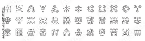 Business teamwork and network vector icon set. Cooperation business thin line icons. Contains symbol icons of connection, management, team, group, relationship, leadership, deliberation, forum.