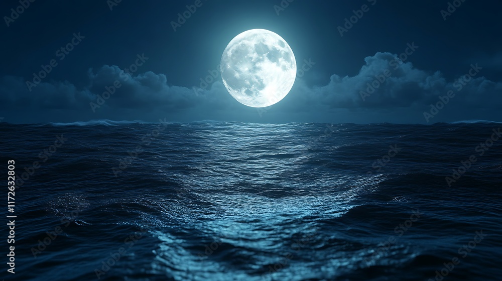 Fototapeta premium Full Moon Over Dark Ocean Waves At Night