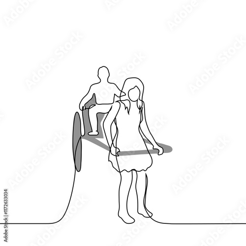 woman harnessed to a cart instead of a horse, a man sits in the cart - one line art vector. concept slavery, labor exploitation, abuse