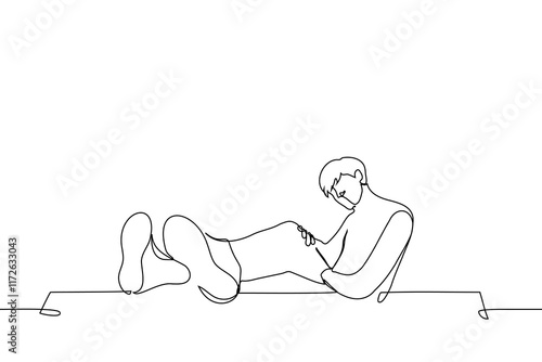 man sitting on chair with legs up on office desk - one line art vector