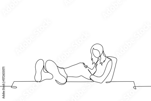 woman sitting on chair with legs up on office desk - one line art vector