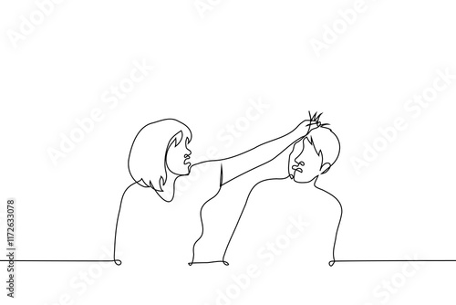 irritated woman grabs hair of man sitting next to her - one line art vector. concept aggression, pull hair, irritation, violence