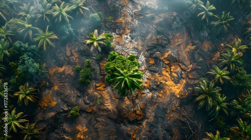 Aerial Perspective of Amazon Deforestation: Cleared Land Contrasted with Untouched Forest photo