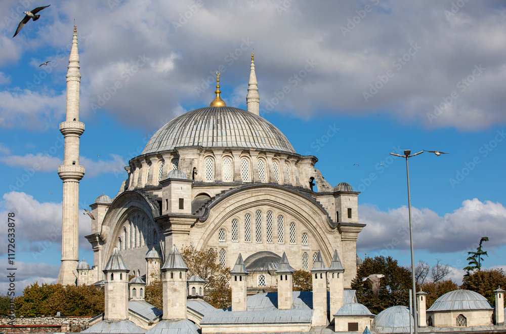 A beautiful view of the Nuruosmaniye Camii, the mosque near the Grand Bazaar in Istanbul, Turkey