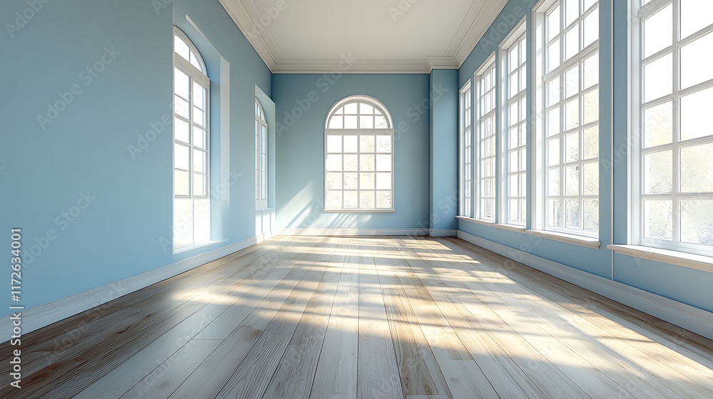 Fototapeta premium Bright sunlit room with blue walls interior design modern space