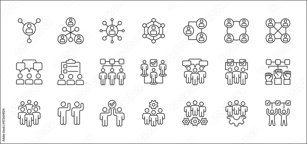 Business teamwork and network vector icon set. Cooperation business thin line icons. Contains symbol icons of connection, management, team, group, relationship, leadership, deliberation, forum. Business teamwork and network vector icon set. Cooperation business thin line icons. Contains symbol icons of connection, management, team, group, relationship, leadership, deliberation, forum.