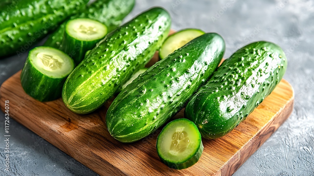 7. A hand chopping cucumbers on a wooden cutting board with a clean kitchen backdrop 7. A hand chopping cucumbers on a wooden cutting board with a clean kitchen backdrop