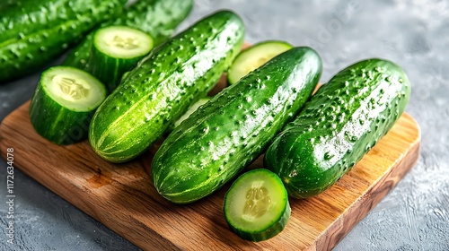 Obraz na płótnie 7. A hand chopping cucumbers on a wooden cutting board with a clean kitchen backdrop w salonie