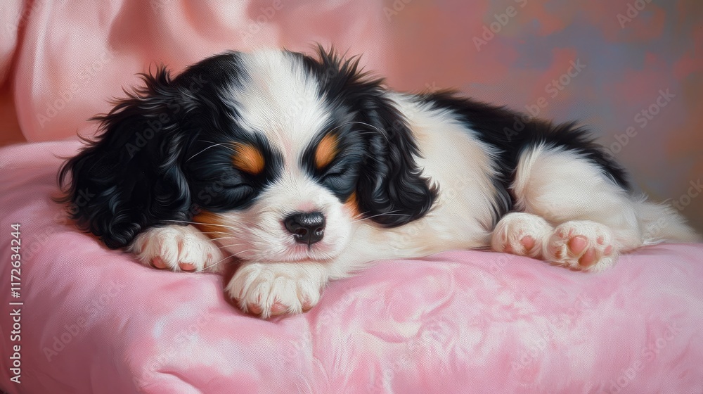 Sleepy puppy resting its head on a pink cushion with soft lighting. Sleepy puppy resting its head on a pink cushion with soft lighting.