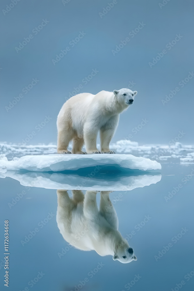 A polar bear stands on a small ice floe in calm Arctic waters, reflecting its image. A polar bear stands on a small ice floe in calm Arctic waters, reflecting its image.