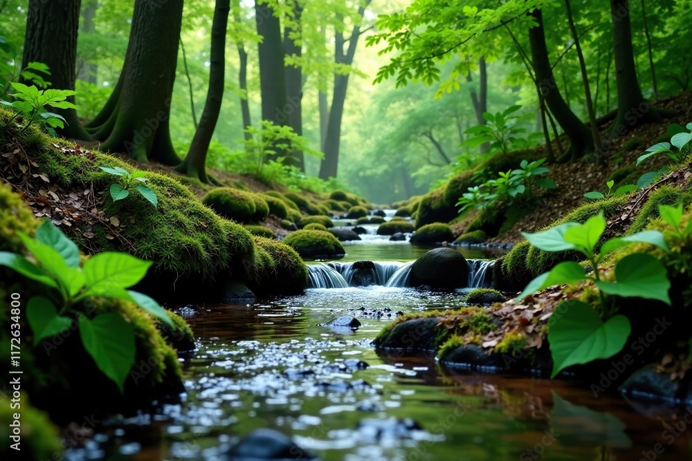 Forest floor with a slow-moving stream and lush greenery, leaves, lichen, moss Forest floor with a slow-moving stream and lush greenery, leaves, lichen, moss
