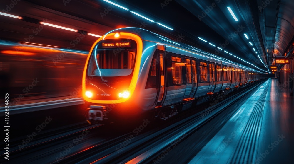 A vibrant train speeding through a modern underground station. A vibrant train speeding through a modern underground station.