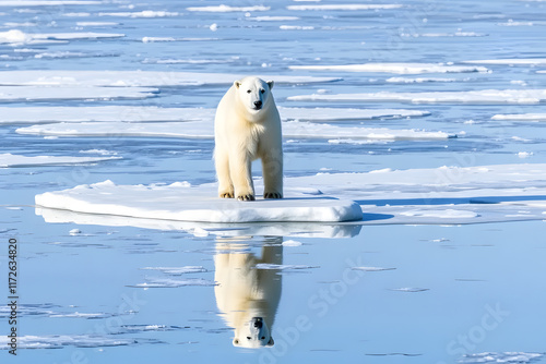 A polar bear stands on a small ice floe in calm Arctic waters, reflecting its image. photo