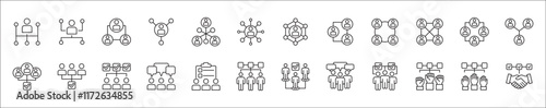 Business teamwork and network vector icon set. Cooperation business thin line icons. Contains symbol icons of connection, management, team, group, relationship, leadership, deliberation, forum.