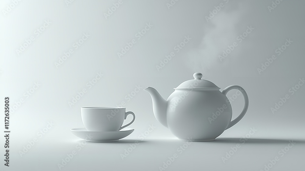 Steaming Teapot and Cup on White Background Steaming Teapot and Cup on White Background
