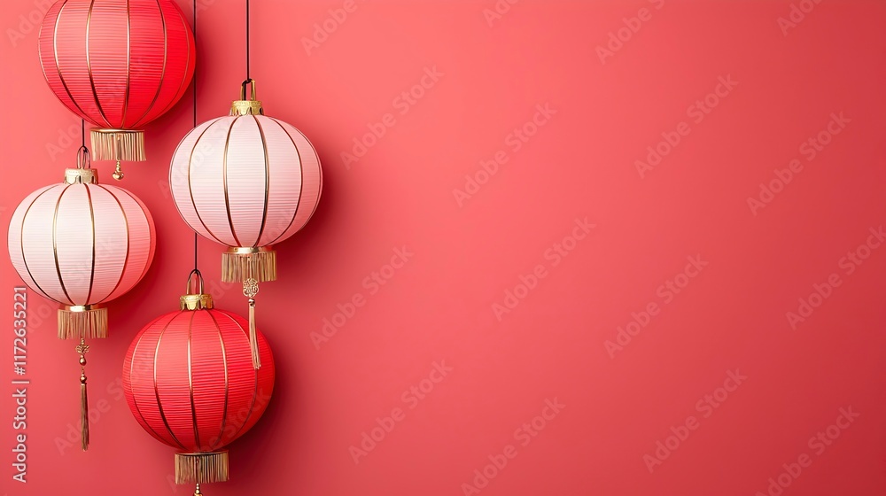 Vibrant Red Lanterns Hanging on Pink Wall Vibrant Red Lanterns Hanging on Pink Wall