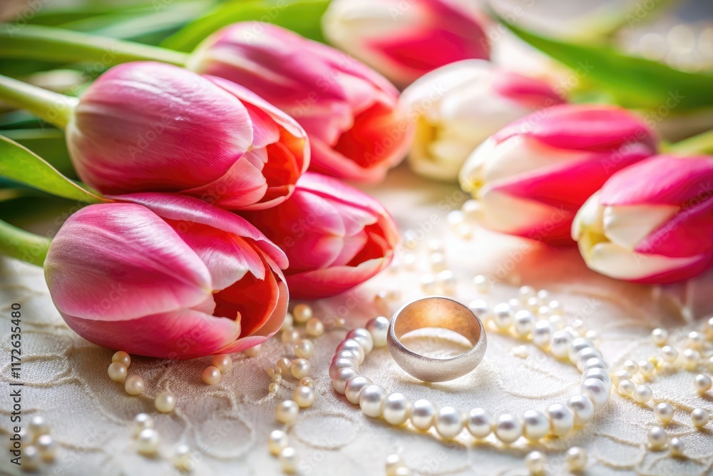 A tilt-shift lens captures a miniature world of tulips, pearls, and a ring – a romantic Valentine's proposal. A tilt-shift lens captures a miniature world of tulips, pearls, and a ring – a romantic Valentine's proposal.