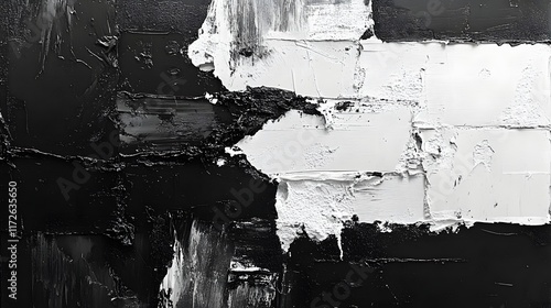 Abstract Black and White Backgrounds. A striking abstract painting featuring a bold contrast of black and white impasto textures. The thick paint creates a dynamic, tactile surface. photo