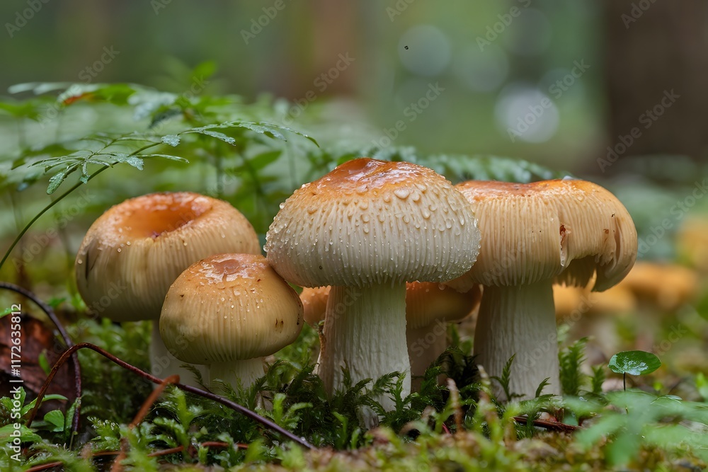 Cluster of Mushrooms on Forest Floor with Moss and Water Droplets. Cluster of Mushrooms on Forest Floor with Moss and Water Droplets.