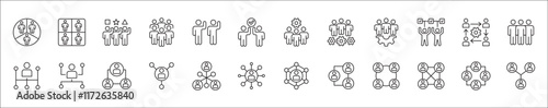 Business teamwork and network vector icon set. Cooperation business thin line icons. Contains symbol icons of connection, management, team, group, relationship, leadership, deliberation, forum.
