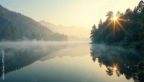 Morning light peering through the foggy veil on the lake, scenery, peaceful photo