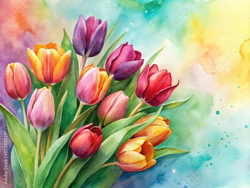 A vivid watercolor painting showcases a colorful tulip bouquet, celebrating spring's floral beauty. photo