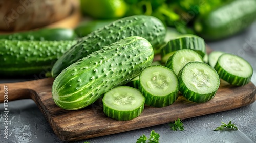 7. A hand chopping cucumbers on a wooden cutting board with a clean kitchen backdrop