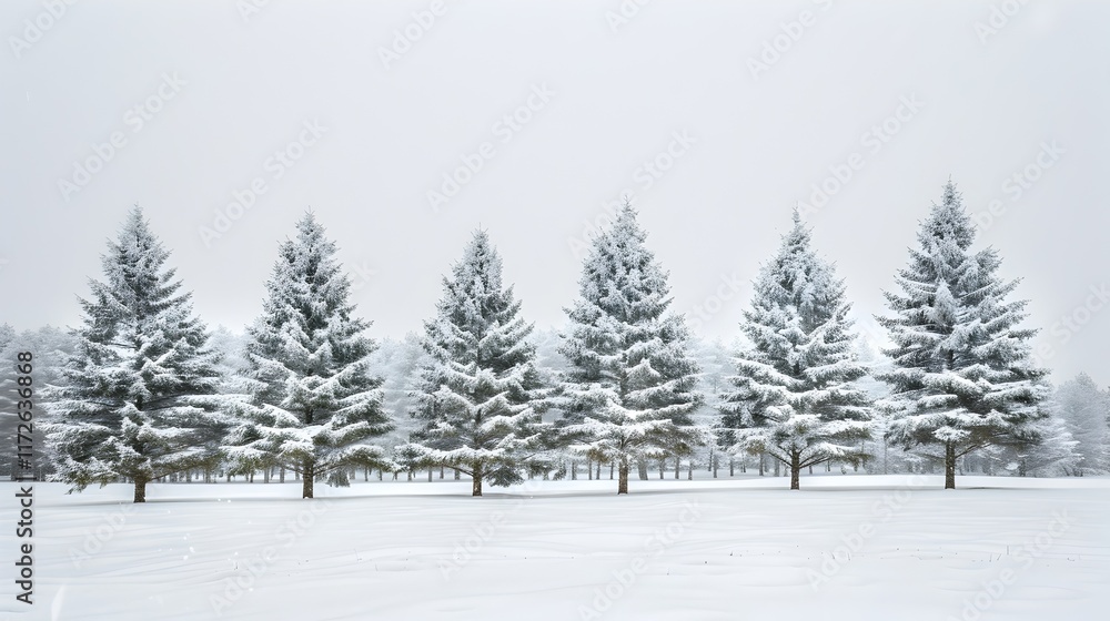 Fototapeta premium Snow-Covered Pine Trees Stand Majestically in Winter's Embrace
