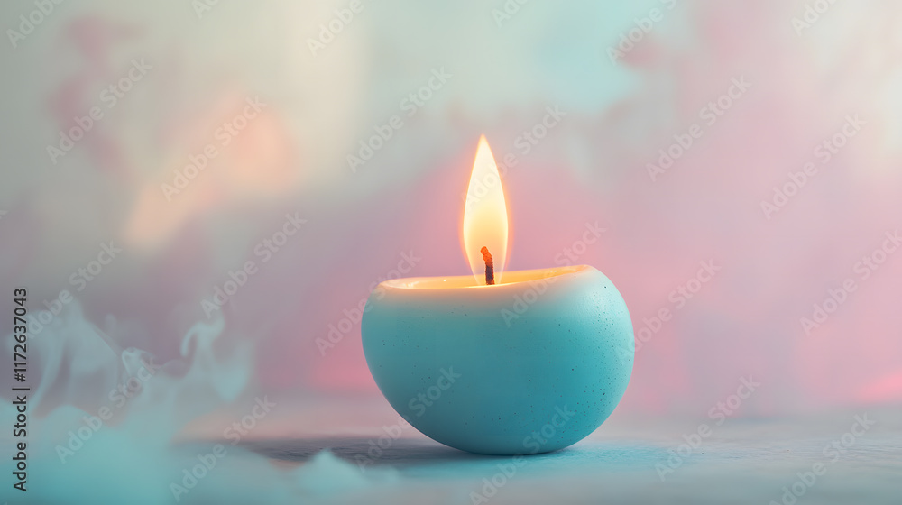 Softly Lit Blue Candle in Modern Holder with Warm Glow Softly Lit Blue Candle in Modern Holder with Warm Glow