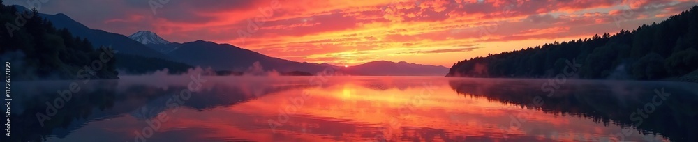 Fototapeta premium Reflections on a calm lake amidst fiery sky at dawn, fire, serene,